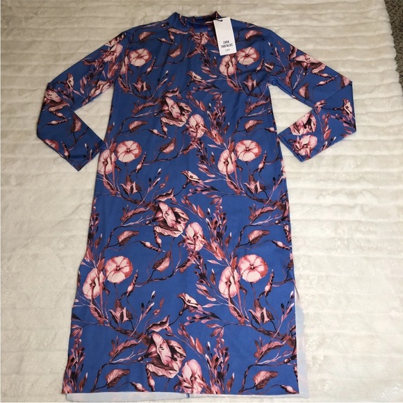 Zara Dresses & Skirts - Women Zara Trafaluc NWT Blue Floral Long Dress Tunic Long Sleeve S
